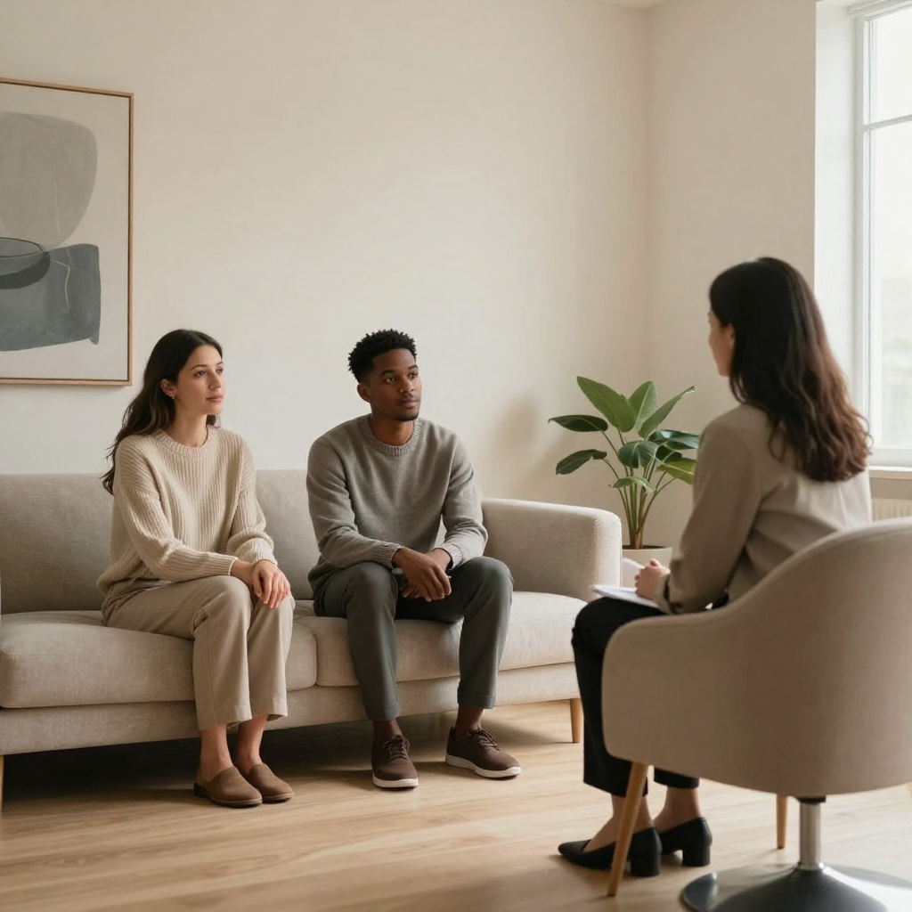 A modern three-person counseling conversation in a warm room