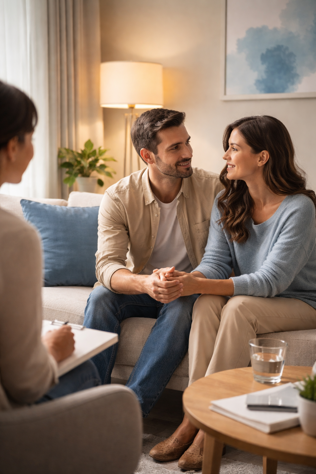 A couple seated together with a therapist in a counseling office