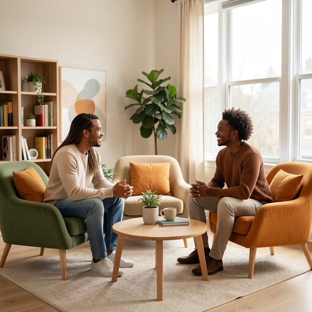 A diverse couple talking with a therapist in a modern counseling room
