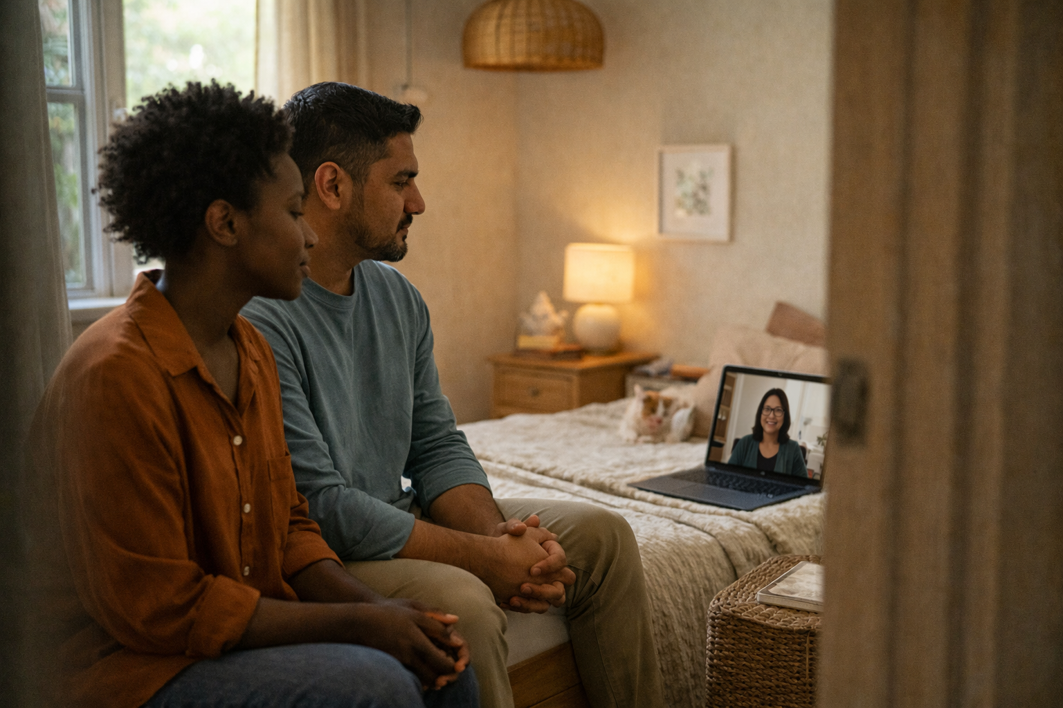 A couple in a warm home setting for counseling support