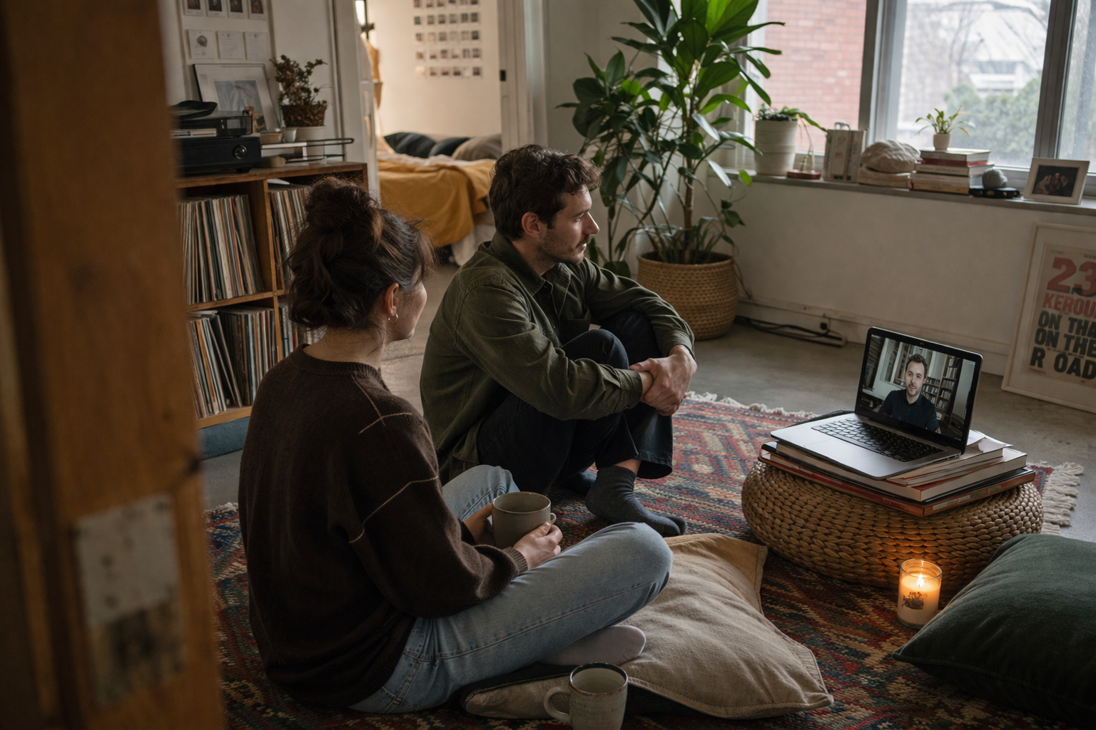A couple seated together for online counseling from home
