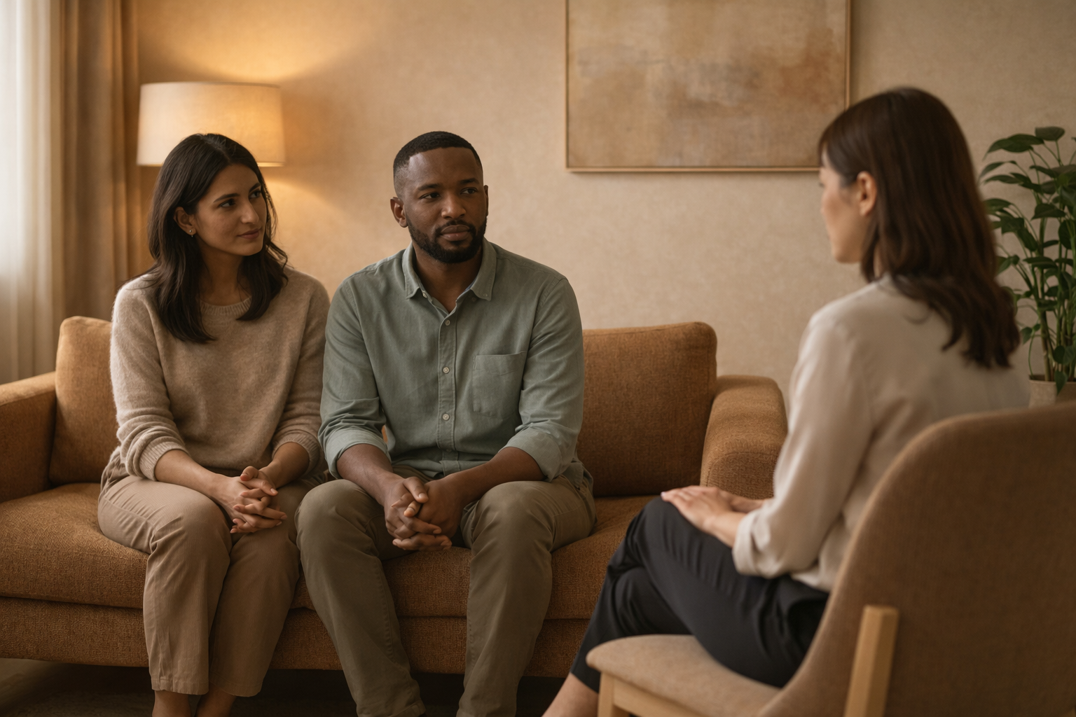 A couple and therapist in a relational therapy conversation