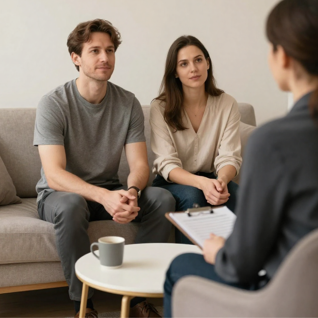 A couple working through a relationship counseling conversation with a therapist