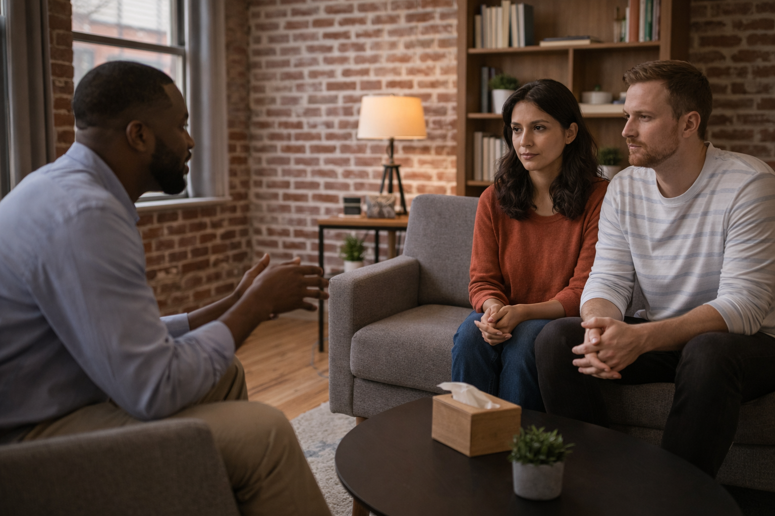 A couple meeting with a relationship therapist in session