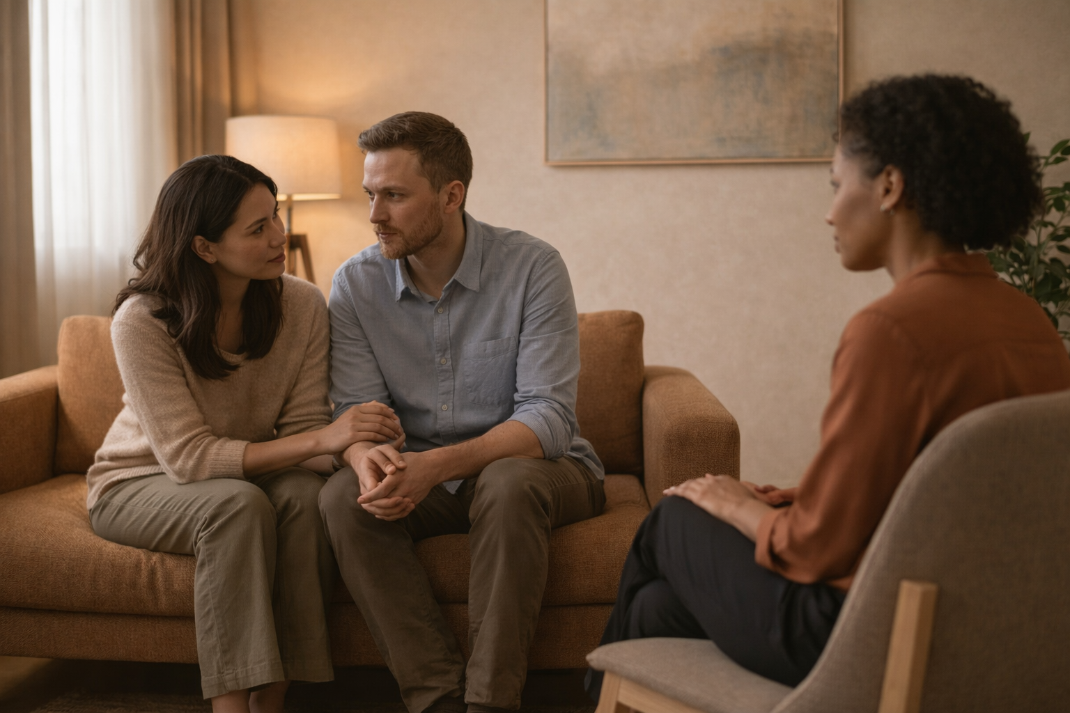 A couple meeting with a therapist for relationship-focused counseling