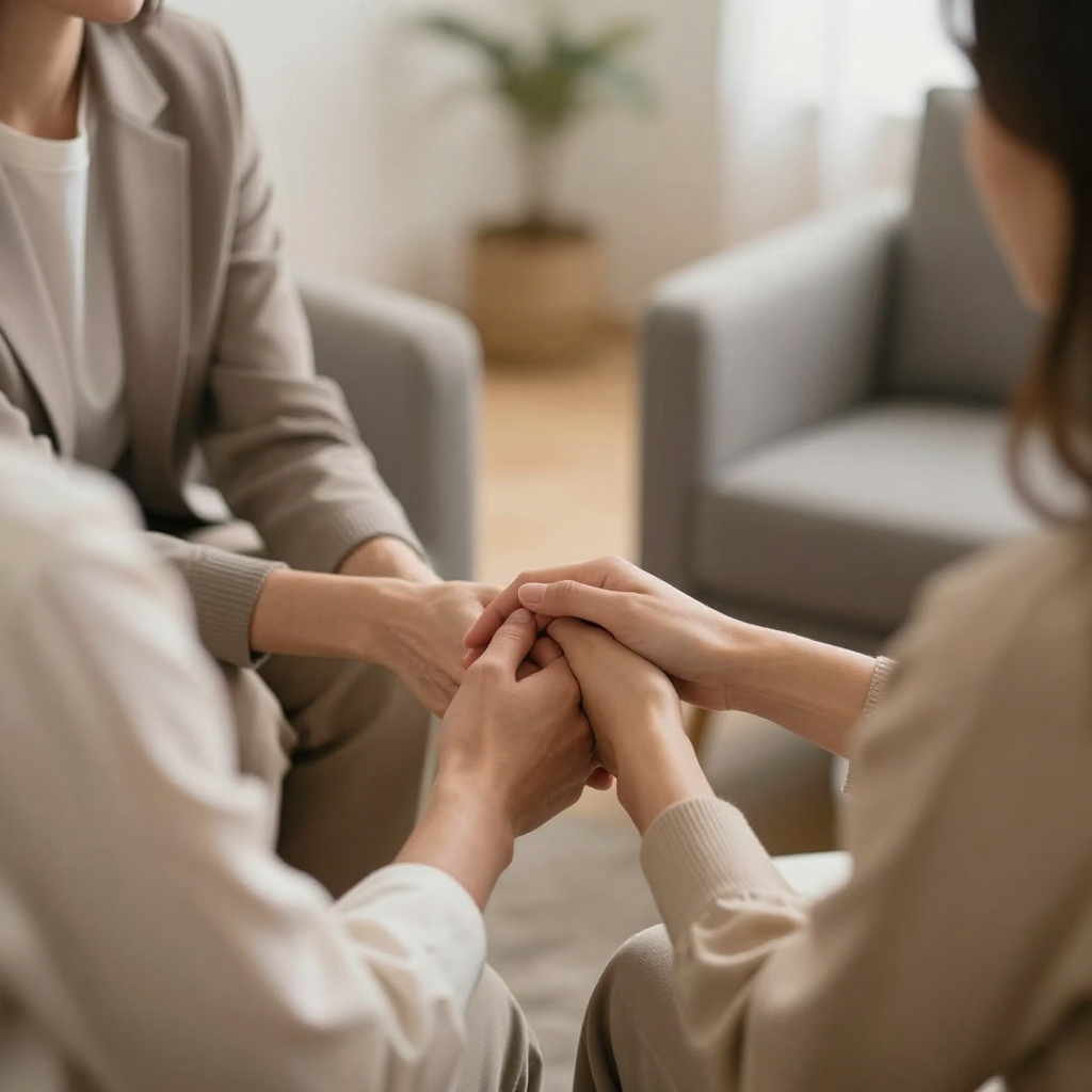 A close-up of a couple holding hands during a counseling session