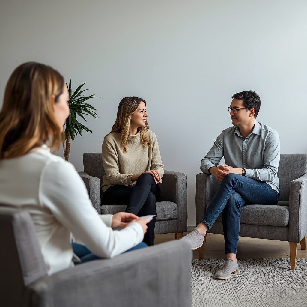 A couple and therapist in a bright, modern counseling room