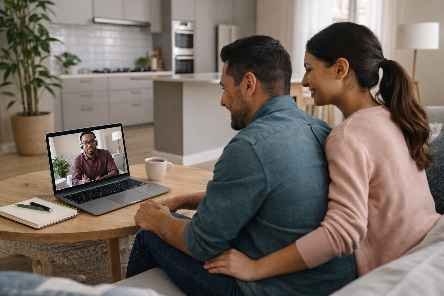 A couple seated together for telehealth relationship counseling from home