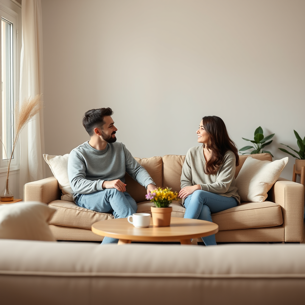 A couple using a calm home setting for online couples therapy