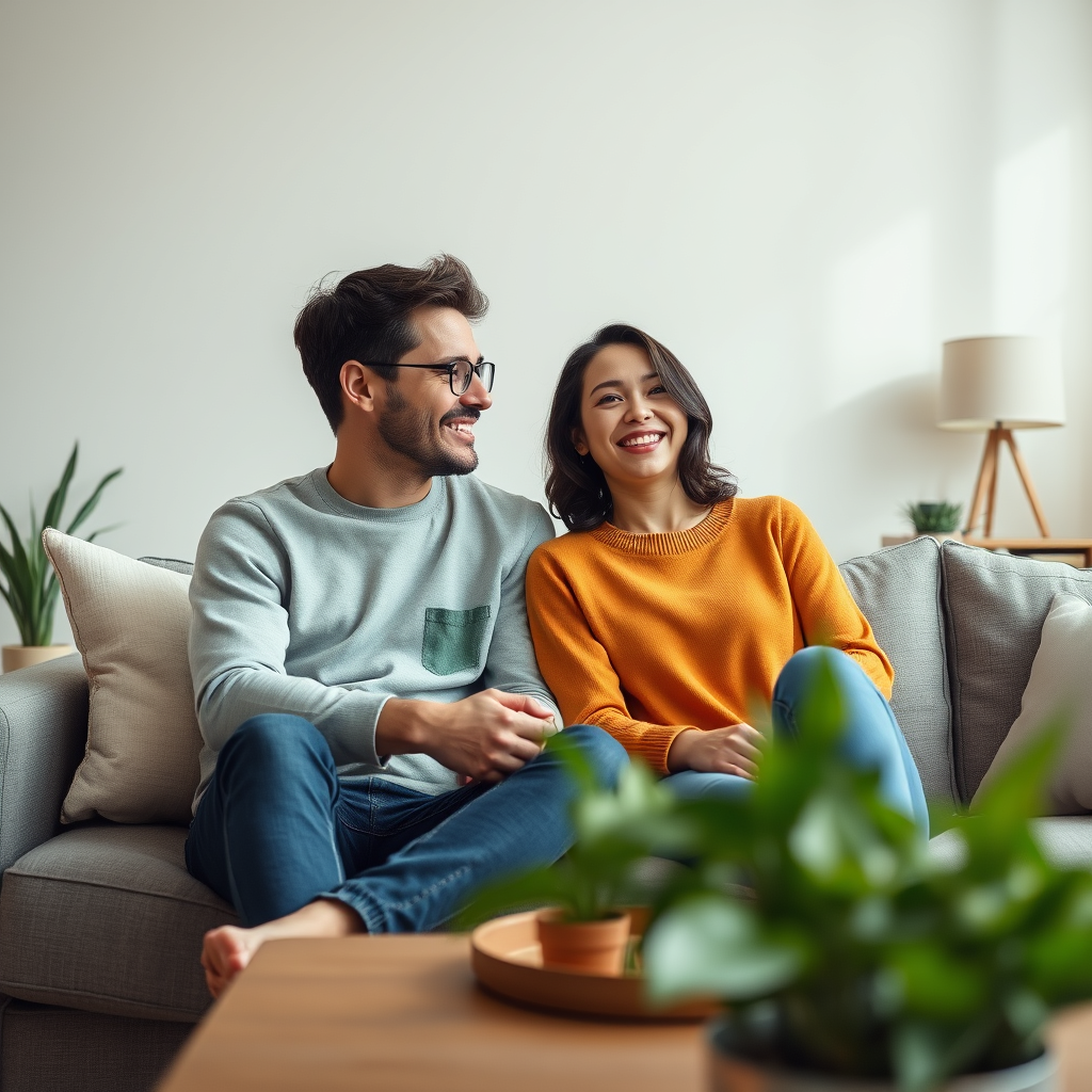 A couple in a private home setting for online relationship support