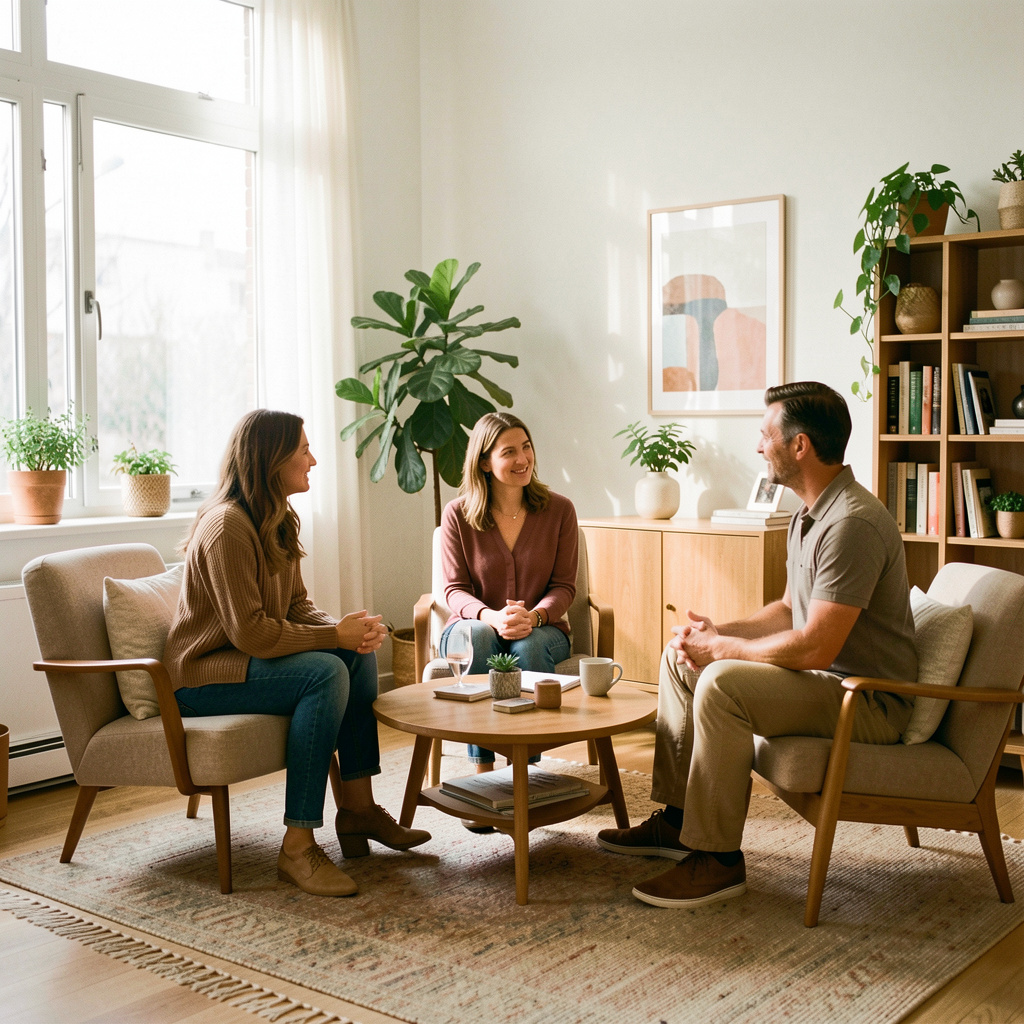 A couple and therapist seated together in a counseling session