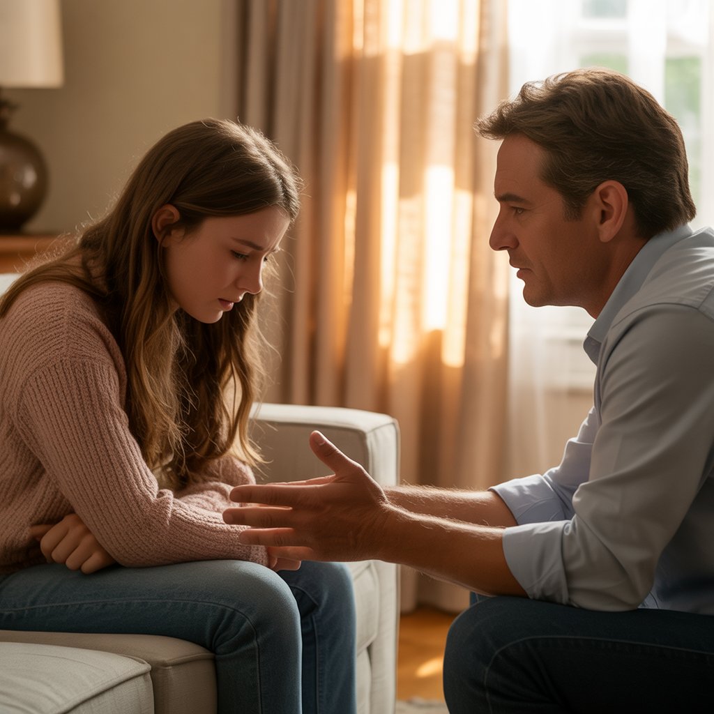 A parent and teen in a focused family counseling conversation