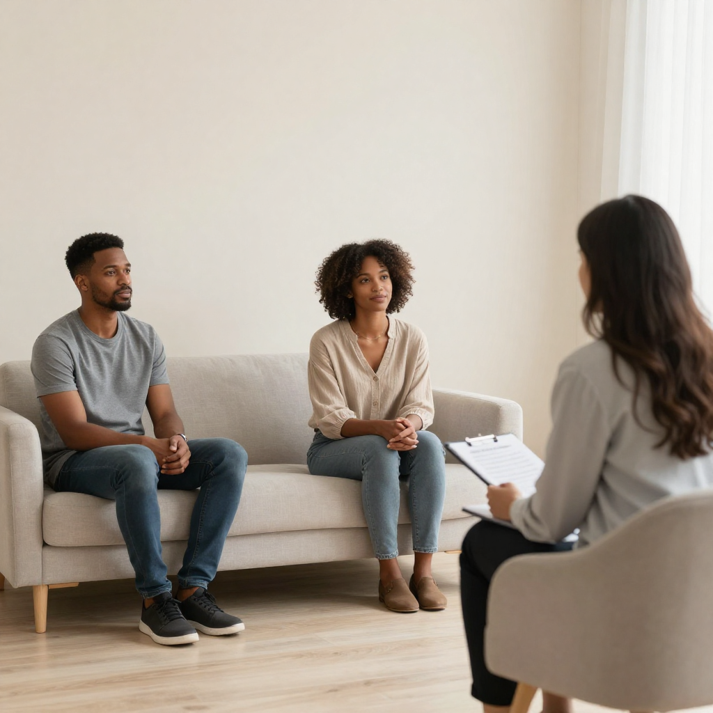A family meeting with a therapist in a warm counseling environment