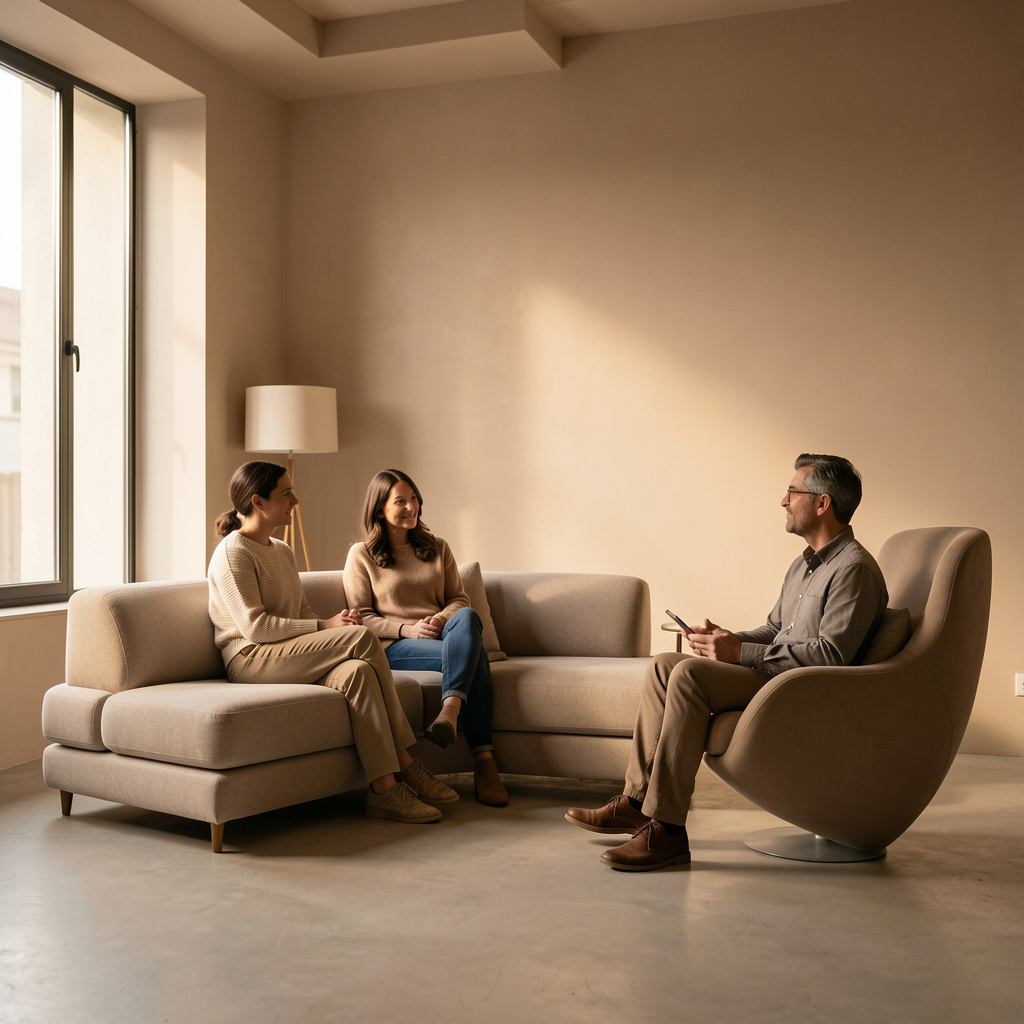 A three-person counseling session in a low-profile modern office