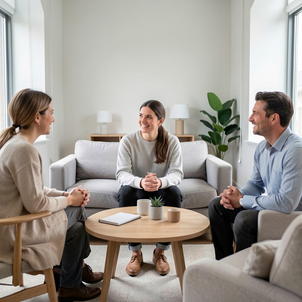 A couple meeting with a therapist in a bright counseling room