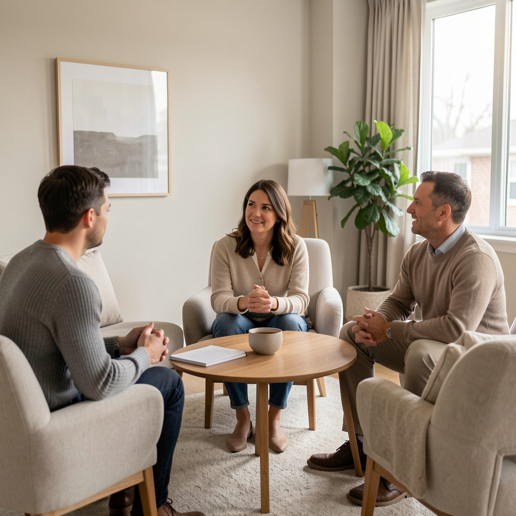 A couple and therapist in a calm counseling session