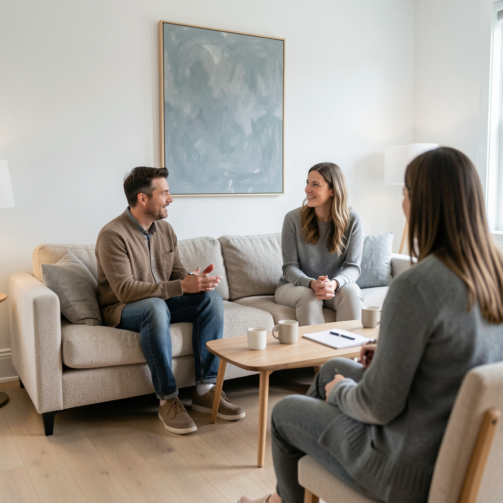 A couple meeting with a therapist in a light-filled office
