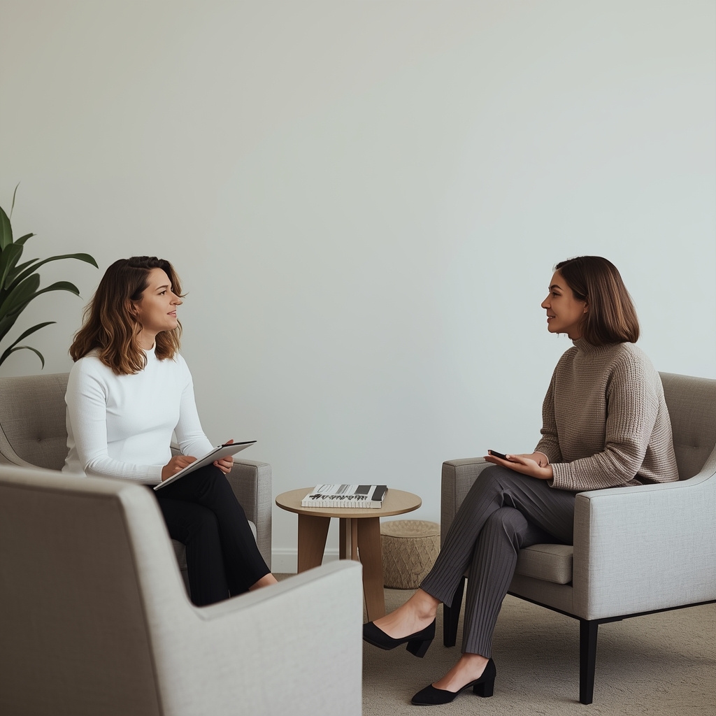 A therapist and client seated across from each other in an individual therapy session