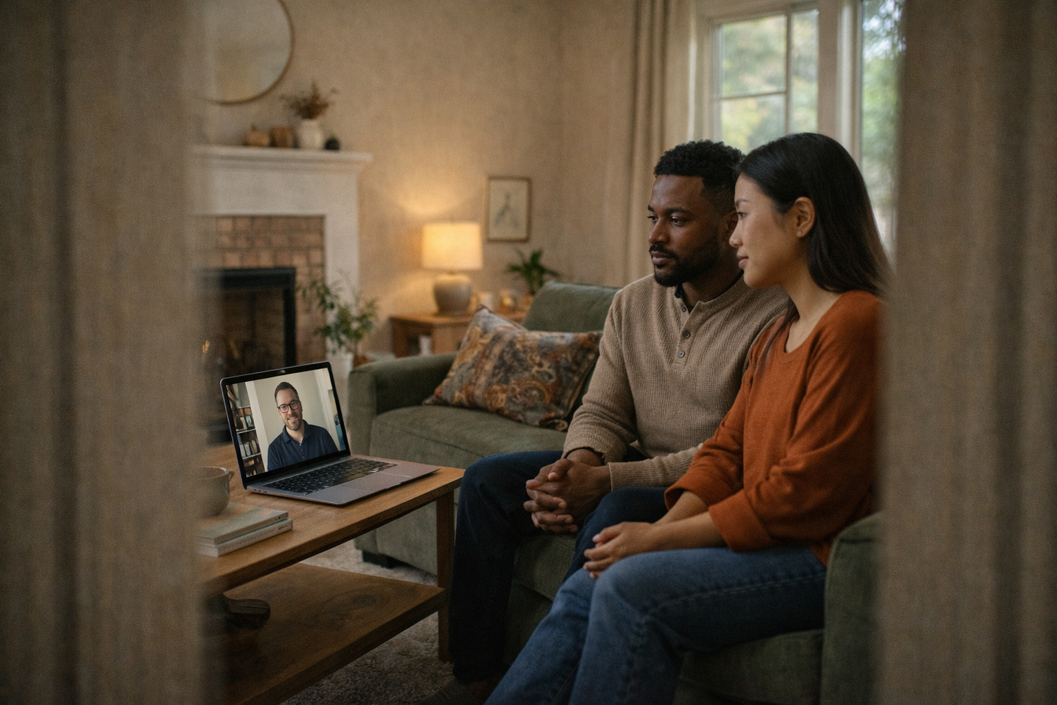 A married couple using a private home setting for online counseling