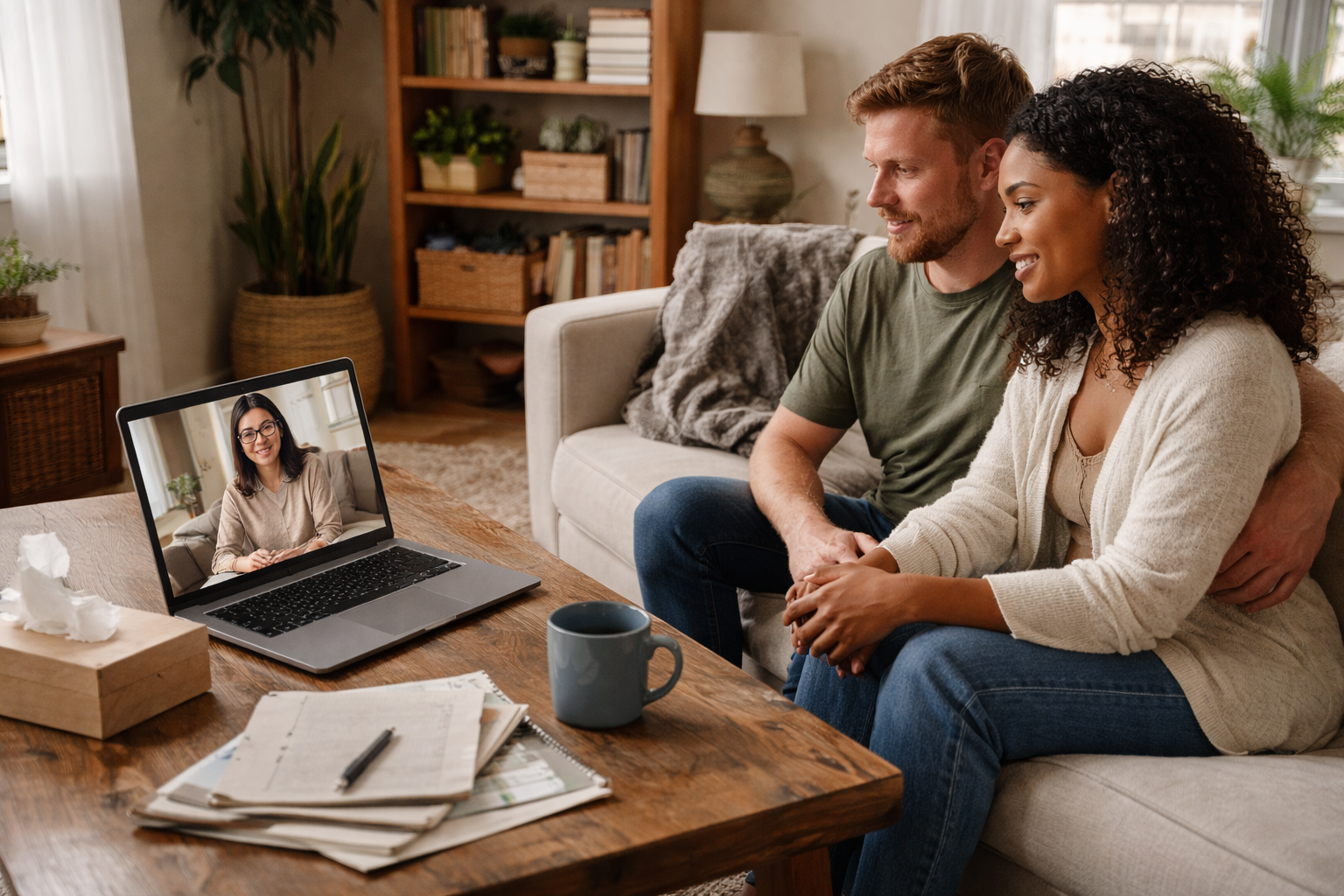 A married couple using a home setting for online relationship support