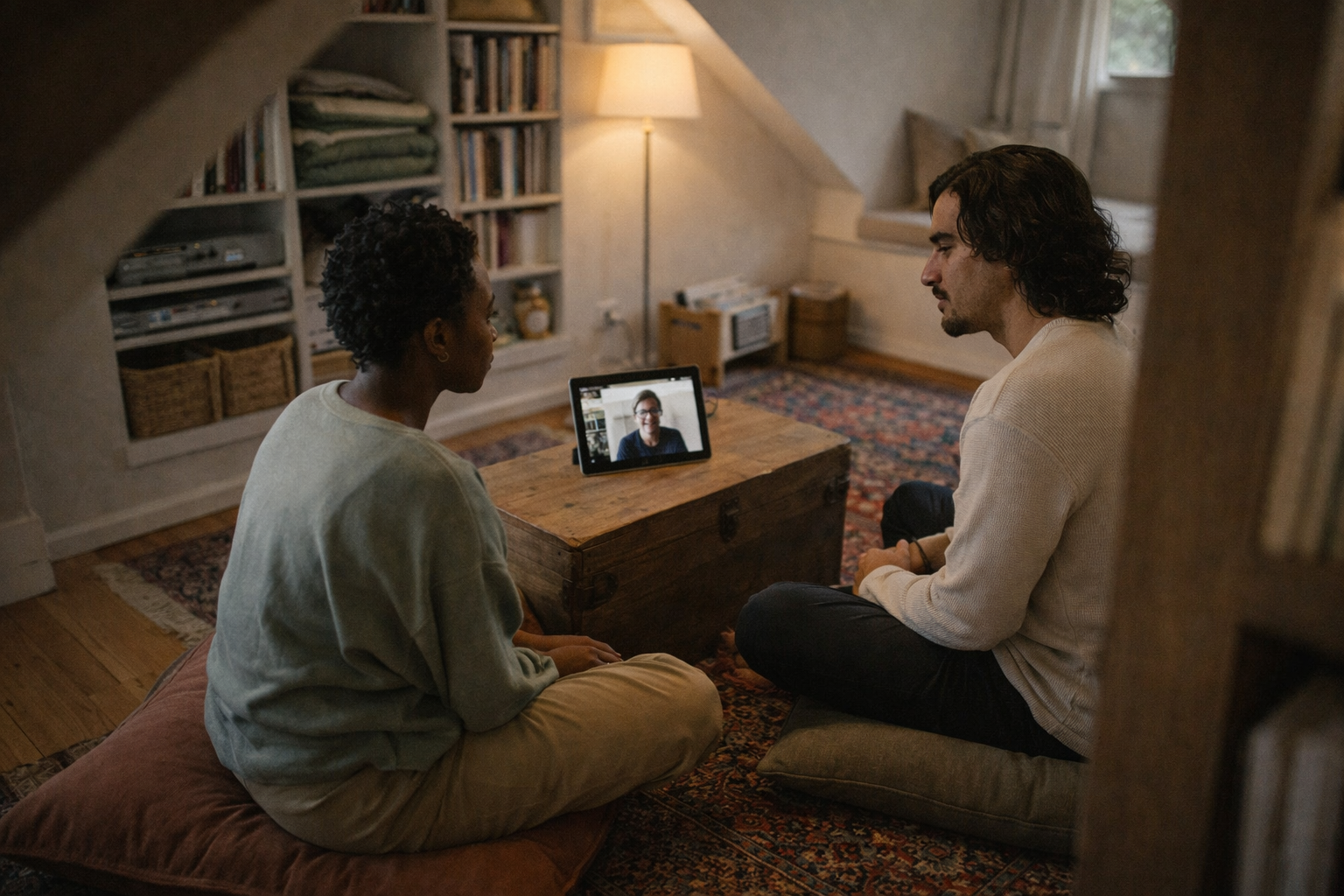 A couple in a grounded relationship counseling conversation at home