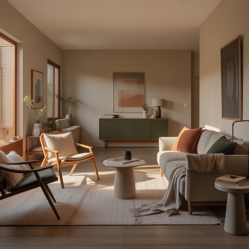 A living room arranged for a private telehealth therapy appointment